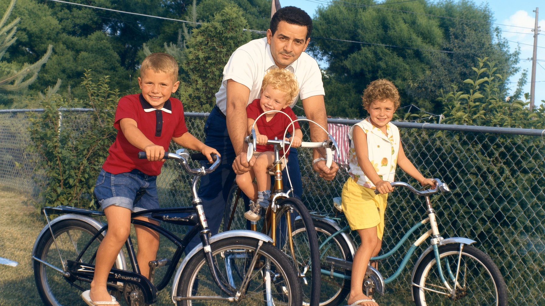 Michael's dad with the kids and Dad's bikes.
